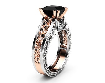 Princess Black Diamond Engagement Ring 14K Two Tone Gold Ring Victorian Black Diamond Engagement Ring