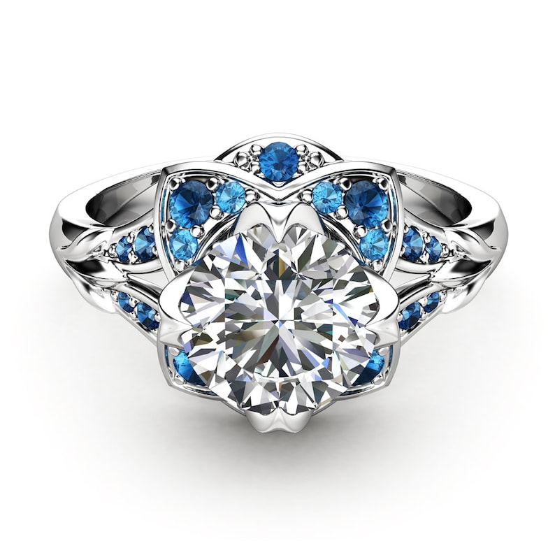 Moissanite Engagement Ring Blue Diamonds Ring 14K White Gold Etsy