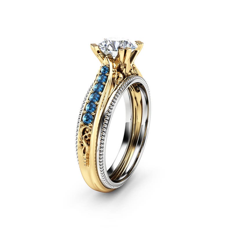 Art Deco Engagement Ring Unique 14K Two Tone Gold 1 Carat Etsy