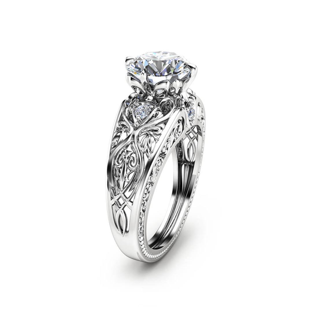 14K White Gold Grown Diamond Engagement Ring Art Deco Styled Eco