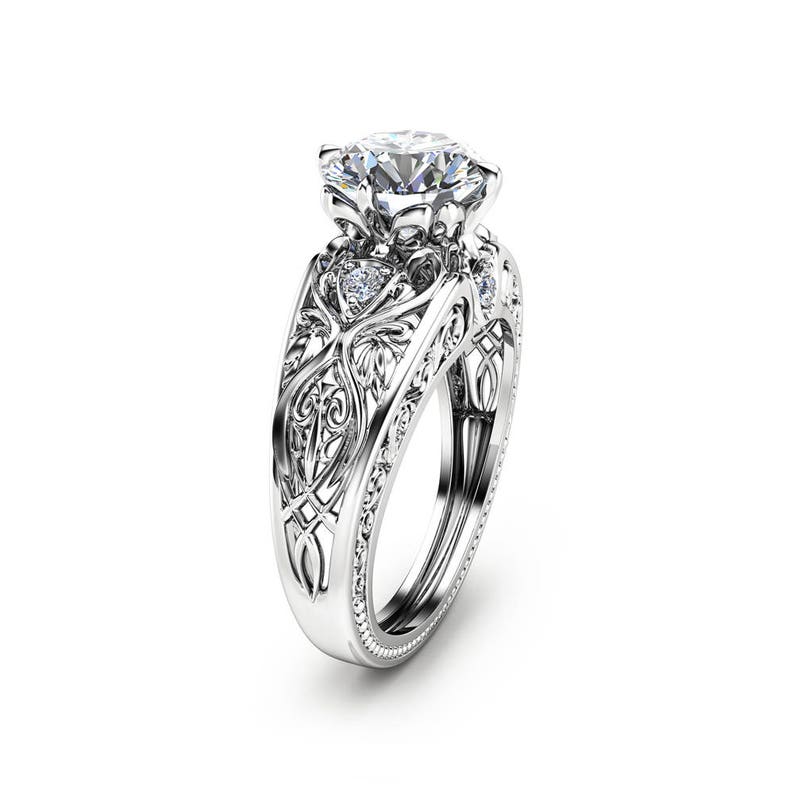 14K White Gold Grown Diamond Engagement Ring Art Deco Styled Eco Diamond Ring Unique Design Man Made Diamond Wedding Ring image 1