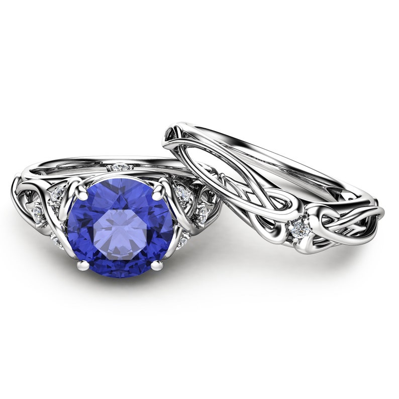 Natural Tanzanite Unique Engagement Rings 14K White Gold Ring Set Unique Design Engagement Ring Set image 2