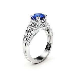 Blue Sapphire Engagement Ring 14K White Gold Ring Anniversary Ring Art Deco Engagement Ring