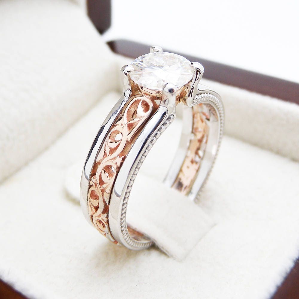 Unique Art Deco Engagement Ring 14K Two Tone Gold 1 Carat Etsy