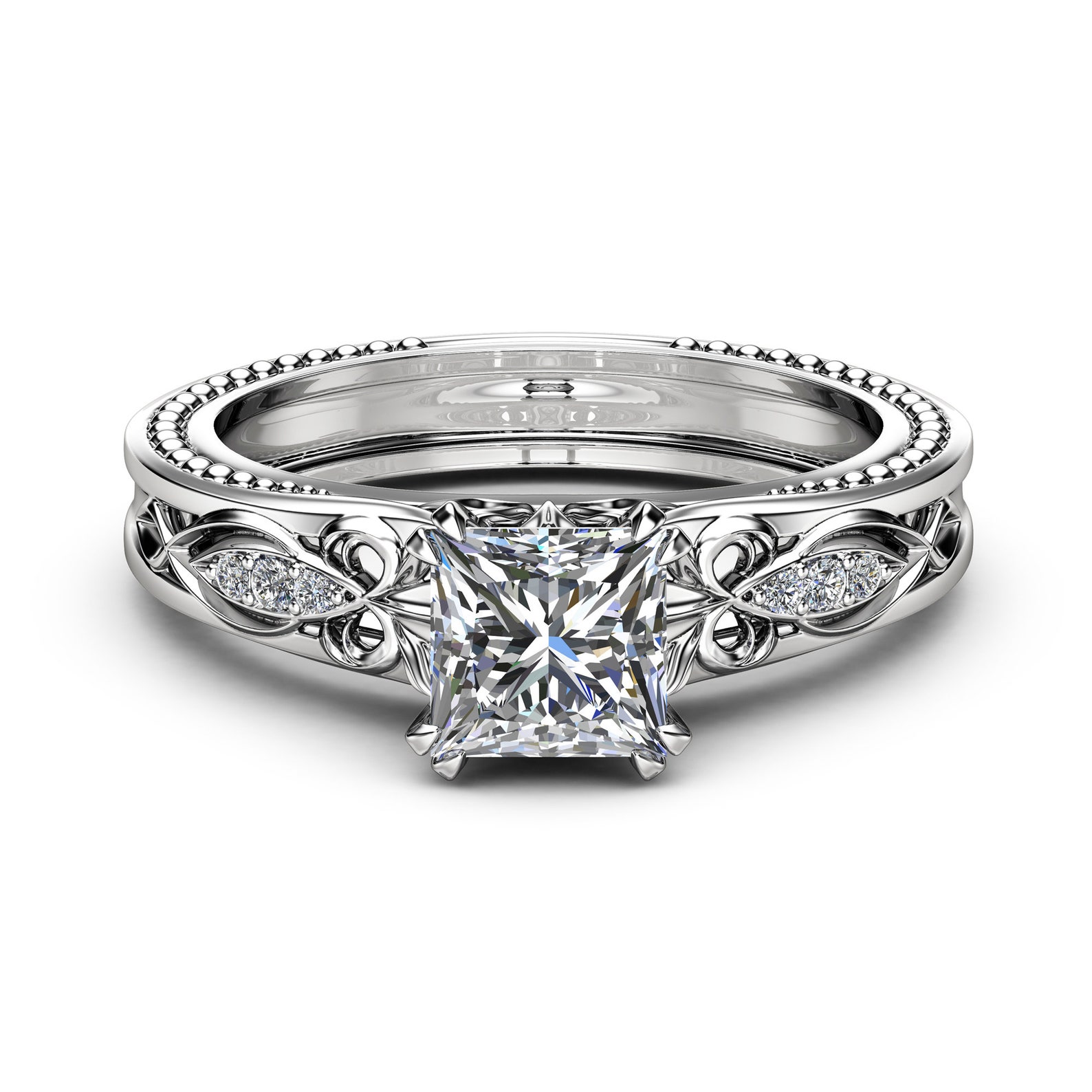 Victorian Moissanite Engagement Ring 14K White Gold Milgrain Etsy