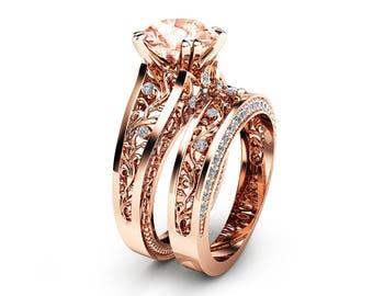 Rose Gold Morganite Engagement Ring Set Unique 2 Carat Morganite Ring With Matching Band 14K Rose Gold Engagement Rings