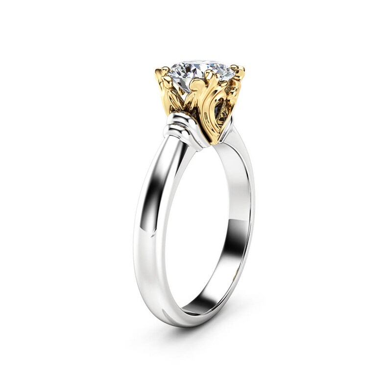 Solitaire Moissanite Promise Ring 14K Two Tone Gold Engagement Etsy