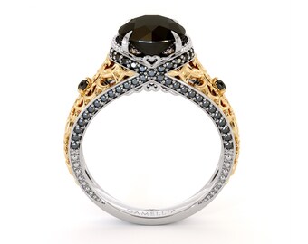 Art Deco 2.00 Ct Engagement Ring | Round Black Diamond Filigree Ring | Art Deco 14K Two Tone Gold Engagement Ring