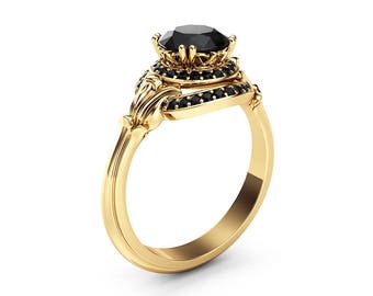 Unique Halo Black Diamond Engagement Ring 14K Yellow Gold Ring Victorian Ring
