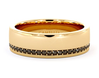 Elegant Black Diamonds Men's Wedding Ring 14k Yellow Gold 6.5mm