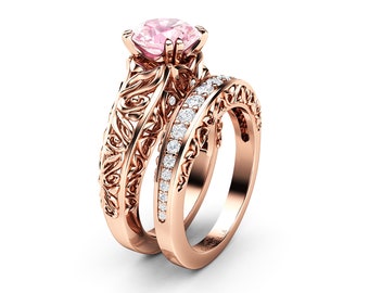 Stunning Pink Moissanite Vintage Ring Set 14K Rose Gold Matching Engagement Rings