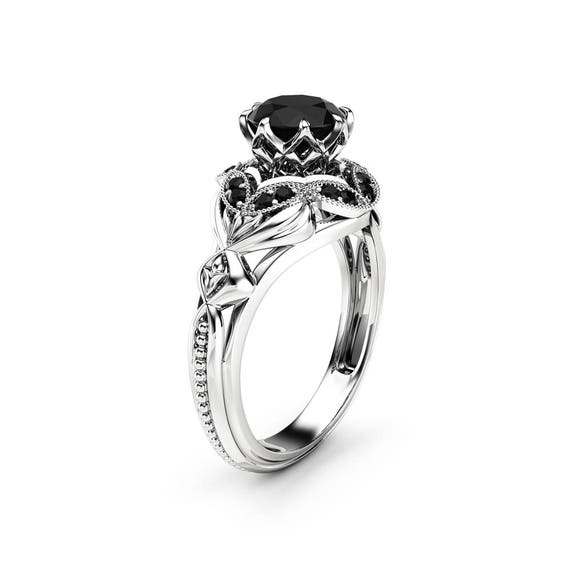 Black Diamond Designer Engagement Ring 14K White Gold Etsy