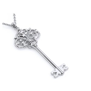 14K White Gold Key Pendant Necklace: Lab Diamond Accent