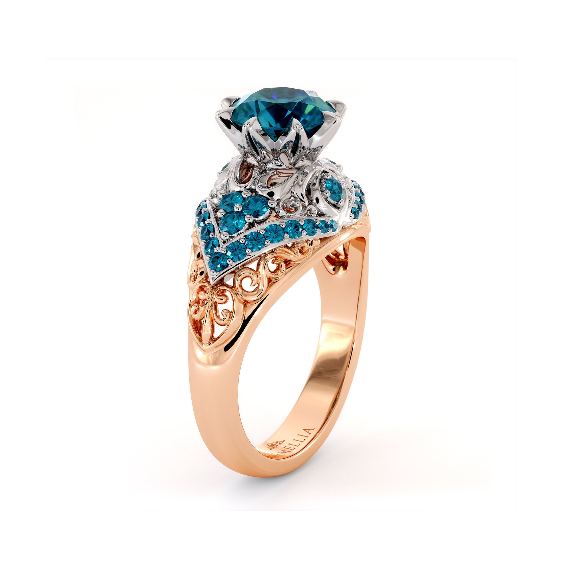 Anillo de compromiso personalizado de lujo con diamantes azules