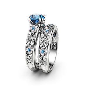 Filigree Flowers Blue Diamond 14K White Gold Wedding Ring Set