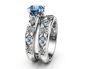 Filigree Flowers Blue Diamond Wedding Ring Set 14K White Gold Ring Unique Floral Ring Bridal Set