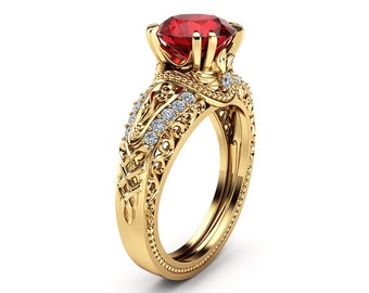 Vintage Lab Ruby Engagement Ring – Filigree Scrollwork & Diamond Accents
