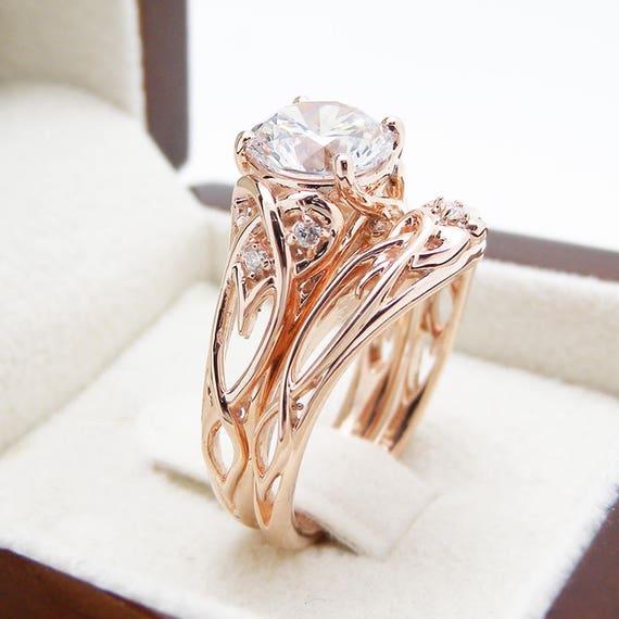 14K Rose Gold Unique Engagement Rings 2 Carat Moissanite Ring Set