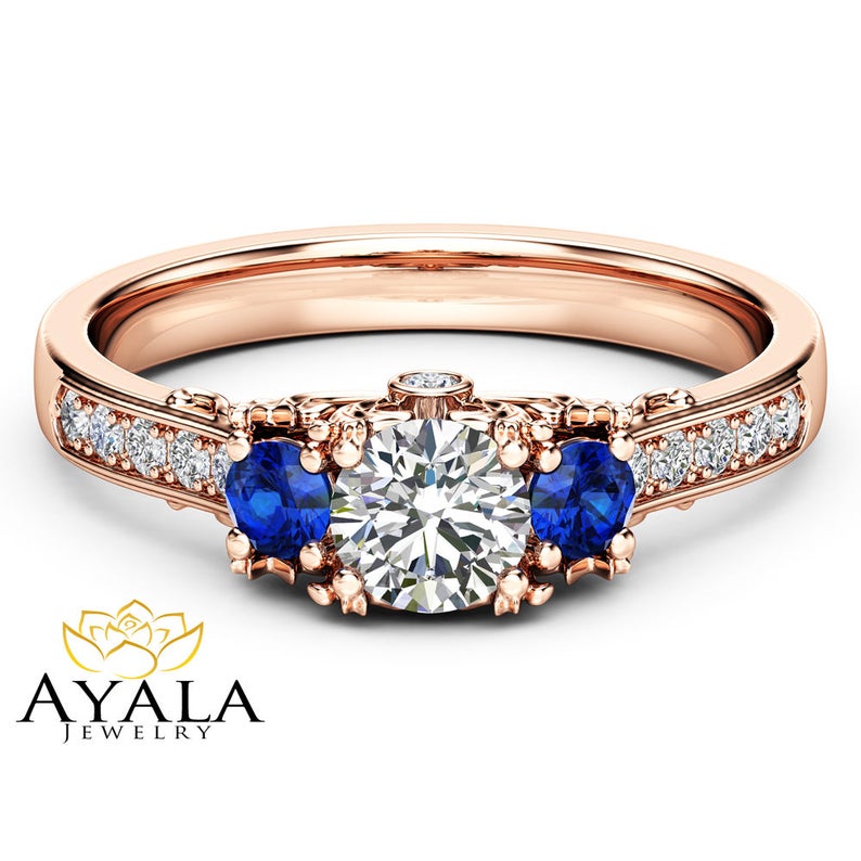 Three Stone Diamond Sapphire Engagement Ring 14K Rose Gold Ring Art Deco Engagement Ring image 3
