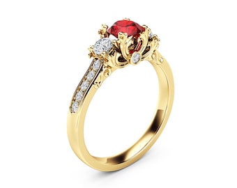 Three Stone Diamond Ruby Engagement Ring 14K Yellow Gold Ring Art Deco Engagement Ring