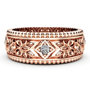 Diamond Wedding Ring: Unique 14K Rose Gold Band