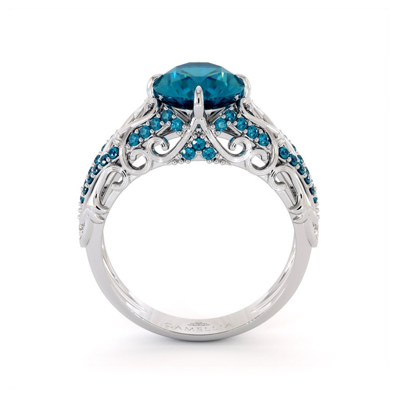 Unique Engagement Ring 14K White Gold Ring Blue Diamond Engagement Ring image 4