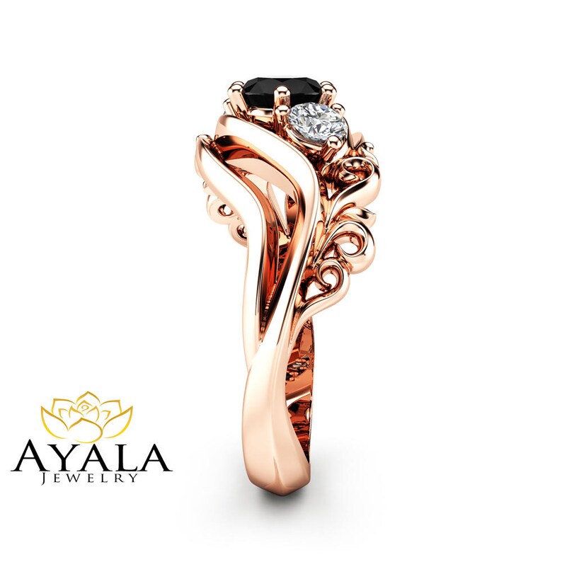 3 Stone Black Diamond Engagement Ring 14K Rose Gold Ring Etsy