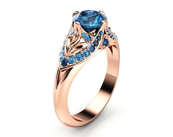 Blue Diamond Engagement Ring 14K Rose Gold Ring Edwardian Engagement Ring