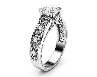 Vintage Filigree Moissanite Engagement Ring with Diamond Side Accents