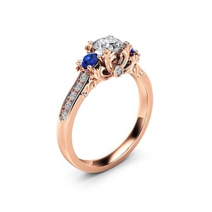 Three Stone Diamond Sapphire Engagement Ring 14K Rose Gold Ring Art Deco Engagement Ring image 1