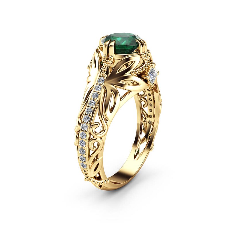Emerald Art Nouveau Engagement Ring 14K Yellow Gold Filigree Etsy