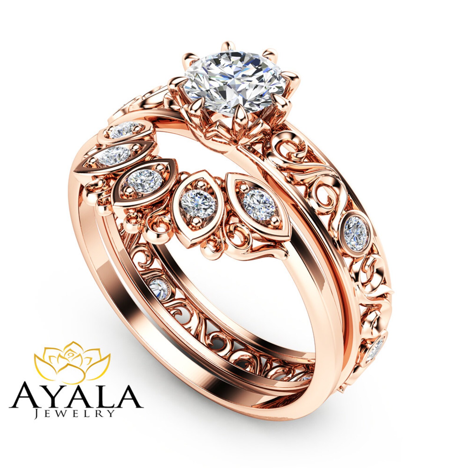 Natural Diamond Wedding Ring Set in 14K Rose Gold Unique Etsy