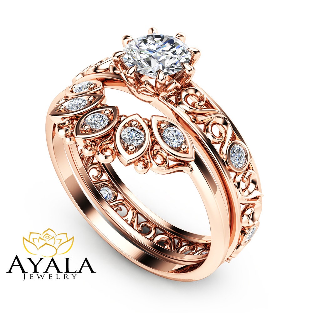 Natural Diamond Wedding Ring Set in 14K Rose Gold Unique Etsy