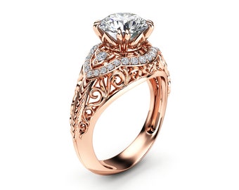 Moissanite Engagement Ring 2 Carat Moissanite Ring 14K Rose Gold Vintage Ring