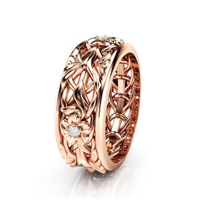 14K Rose Gold Diamond Wedding Band: Floral Vine Ring