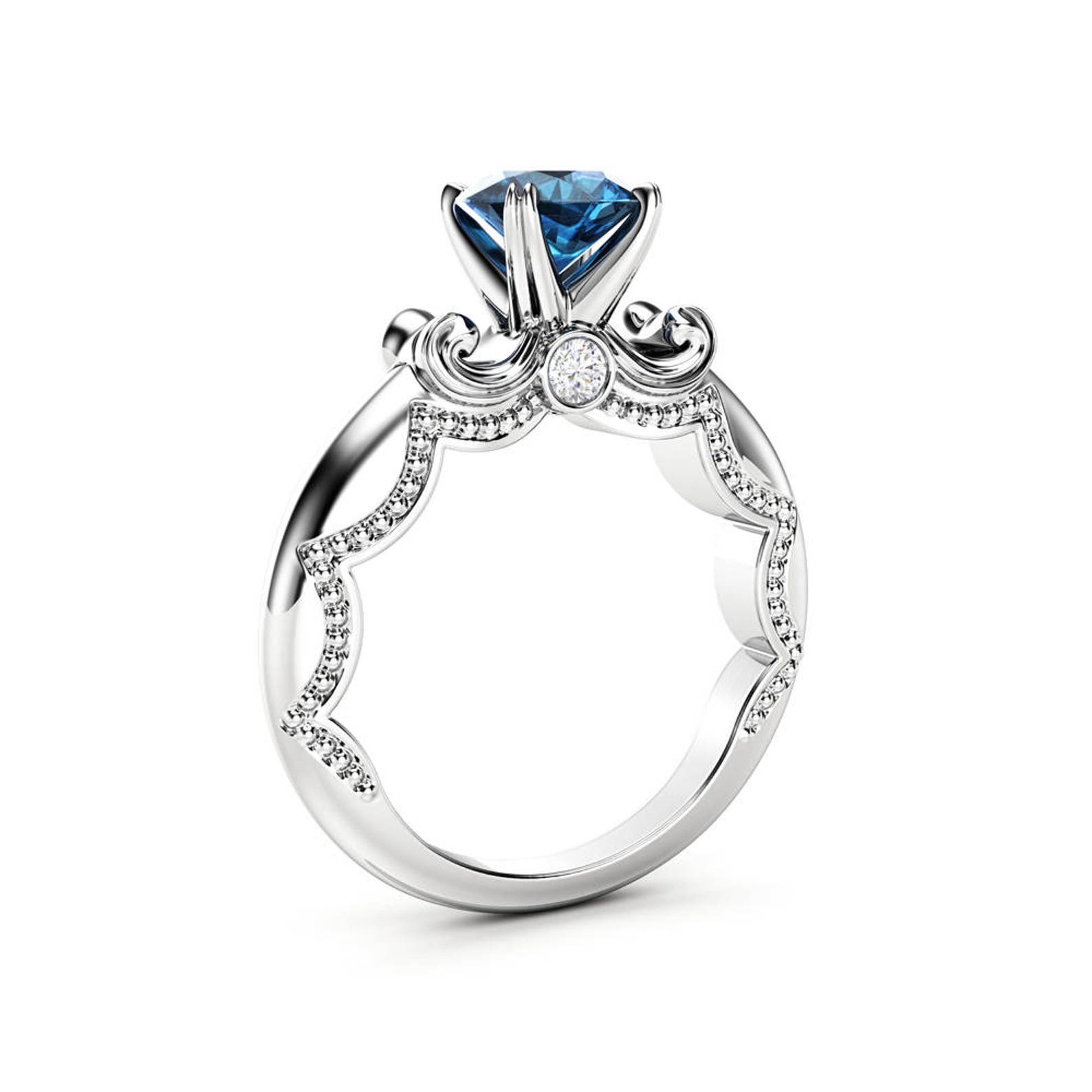 Blue Diamond Promise Ring Unique 14K White Gold Ring Antique Etsy