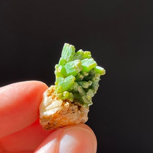 Puede incluir: Un grupo de cristales verdes sobre una roca blanca y marrón. Los cristales son largos y delgados, y están dispuestos en un patrón aleatorio.