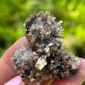 May include: A cluster of quartz crystals with a mix of clear, brown, and black hues. The crystals are clustered together, creating a textured and natural appearance. The background is a blurred green, suggesting an outdoor setting.
