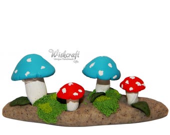 Red and blue Toadstool fairy garden log, Toadstool fairy garden log, miniature toadstools, toadstool log, fairy garden,mushroom ornament