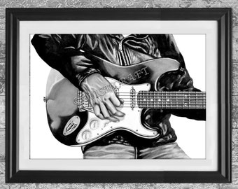 Guitarist pencil drawing art print Guitar poster Guitar print Guitar art Guitar Gift