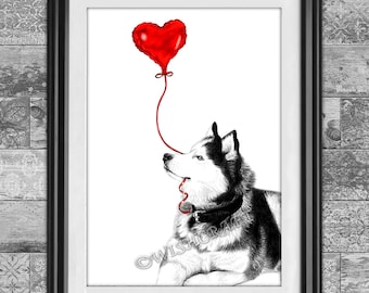 以下が含まれることがあります： 赤いハート型の風船を見上げるハスキー犬の白黒のイラスト。風船は犬が口にくわえている紐で結ばれています。