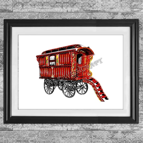 Romany Gypsy wagon Caravana lápiz dibujo arte impresión Regalo gitano Arte gitano Caravana gitana