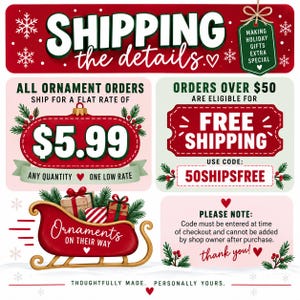 The image is a promotional advertisement for shipping ornaments. It features a red banner with white text, a red sled with ornaments, and a note about shipping details. The ad highlights a special offer for shipping ornament orders, including a flat rate of $5.99 and free shipping for orders over $50. The ad also mentions a 50shippingfree code and encourages customers to ship their ornaments on their way. The image is described as a thoughtfully made, personally yours ad.