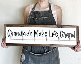Grandkids Make Life Grand, Kids Artwork Display for Grandparents, Personalized Clips, Grandchildren Photo Board, Brag Board