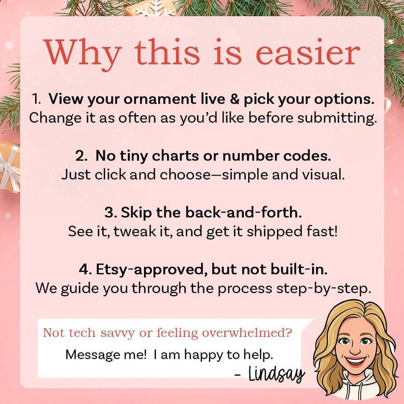 The image is a screenshot of a text-based interface with a cartoon character, likely a woman, and Christmas decorations in the background. The interface provides instructions on how to navigate a website, with a focus on making the process easier.
