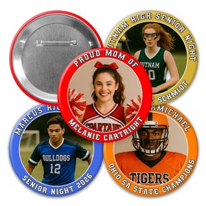 Personalized Sports Button – Add Your Photo & Text – Senior Night, Game Day, Championship Keepsake