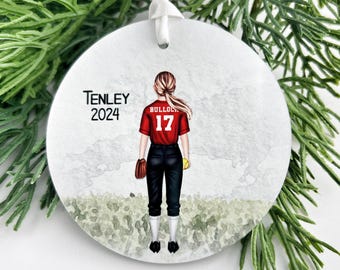Girl Baseball Ornament, Personalized Softball Ornament for Kids, Team Colors, Left or Right Handed