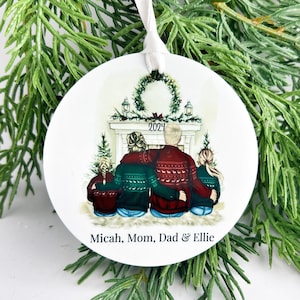 Family of 4 Ornament with Dog, Personalized Family of Four with Two Children Ornament, Family with Pets Christmas Ornament