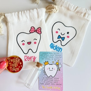 Tooth Fairy Bag - Personalized Lost Tooth Keepsake for Kids with Glass Tooth Container & Coin