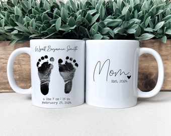 Baby Footprint Mug, New Mom & Dad Gift, Hospital Birth Stats, Baby Feet and Hand Keepsake, First Mother's Day, Birth Announcement